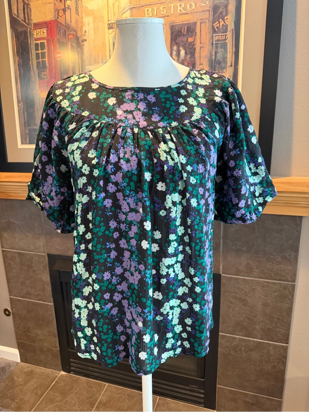 LOFT Black Floral Puff-Sleeve Blouse with Purple & Teal Flowers